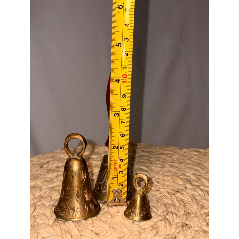 Brass Hand Bells Set of 3 Engraved Bell Wooden Handle School Dinner Bells - Picture 3 of 5